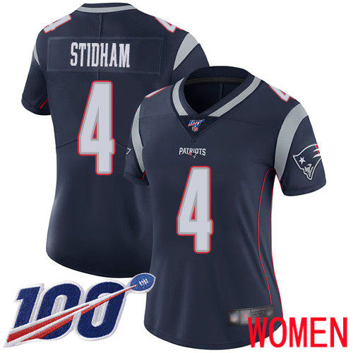 New England Patriots Limited Navy Blue Women #4 Jarrett Stidham Home NFL Jersey 100th